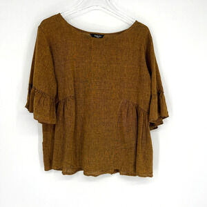 Yak Yeti Top Womens L Boho Natural Lagenlook Relaxed Ruffle Peasant Cottagecore